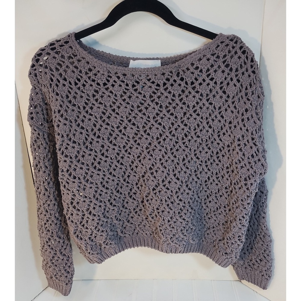 Jessica Simpson Womens Open Knit Crochet Sweater Gray Long Sleeve Scoop Neck S